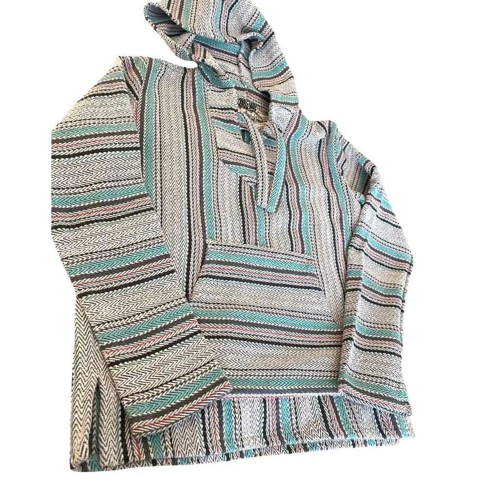 Senor Lopez Hoodie Adult Medium Ivory Blue Baja Woven Mexican Poncho Surf Boho - Picture 3 of 6